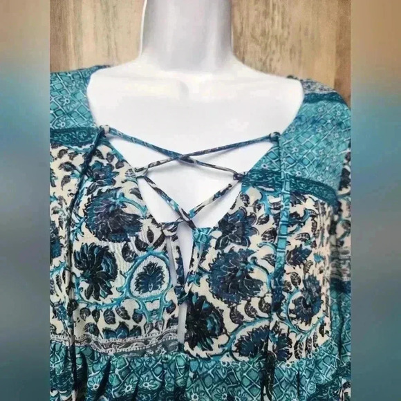 Show Me Your MuMu Poet Tie Tassel Floral Boho Blue Blouse Size Medium - Picture 6 of 13